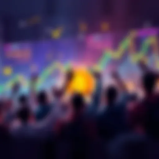 Community members celebrating the rise of $REBATE token with charts and coins in the background