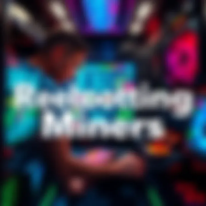 A person rebooting a computer mining rig with multiple screens showing mining software