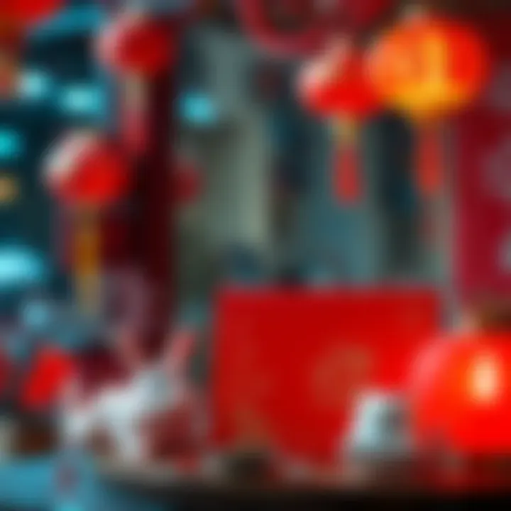 A festive red packet decorated with traditional Chinese symbols, surrounded by decorations for Chinese New Year celebrations.