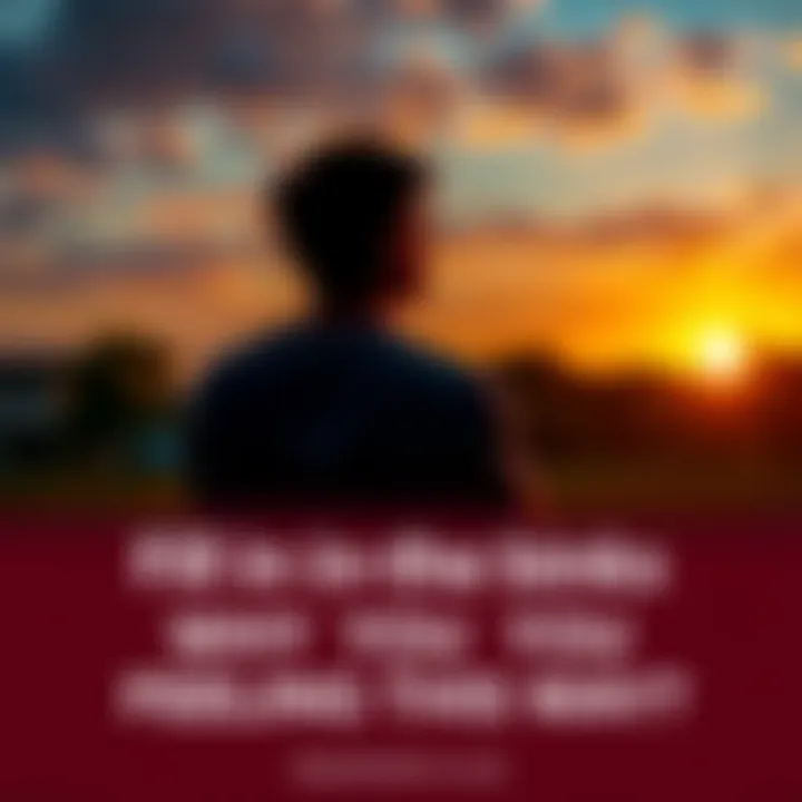 A person sitting on a bench with a thoughtful expression, looking at a sunset, symbolizing introspection and emotional reflection.