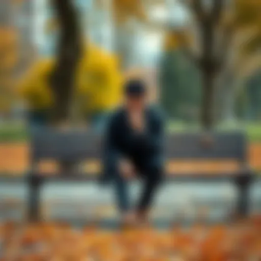 A person sitting on a park bench with a thoughtful expression, looking at the ground, surrounded by autumn leaves