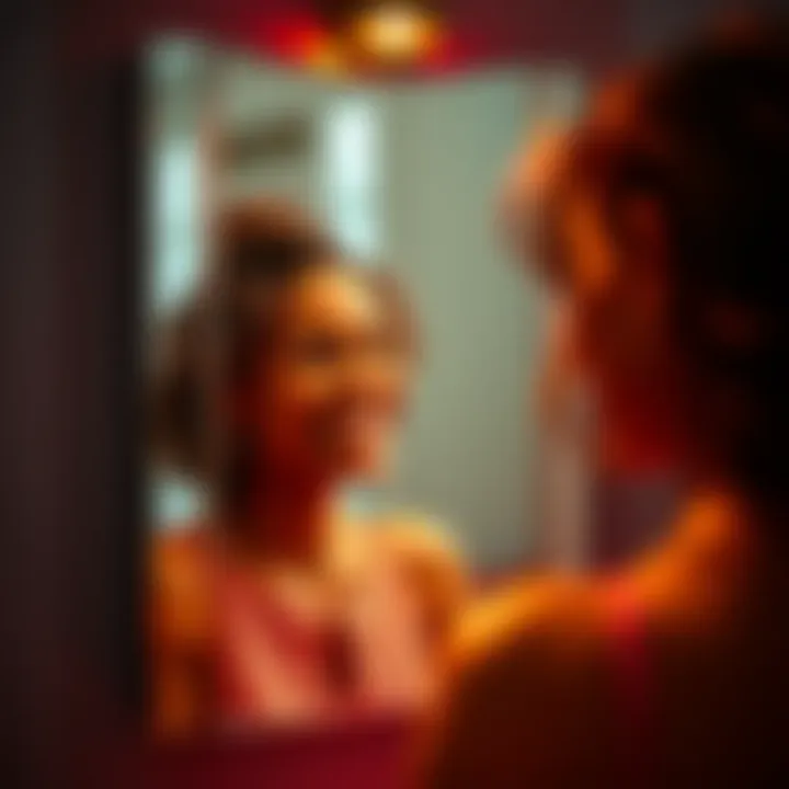 A person looking at their reflection in the mirror, smiling confidently and embracing their appearance.