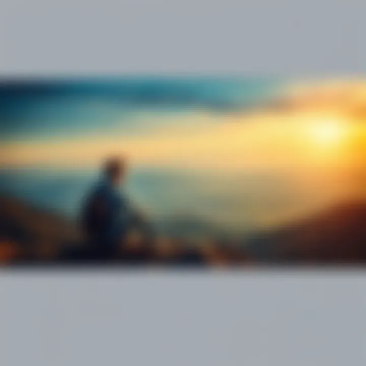 A person sitting on a hilltop, looking out at a vast landscape with a thoughtful expression, symbolizing the search for meaning in life.