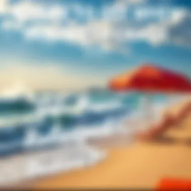 A peaceful beach scene with people relaxing under umbrellas while waves gently crash on the shore, symbolizing calm during market downturns.