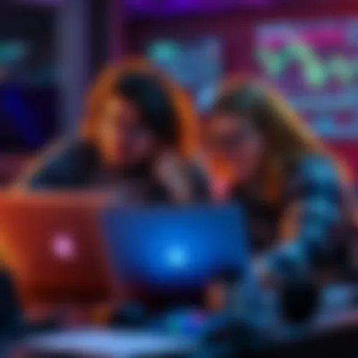 Two people collaborating on a laptop to build a quant trading platform during a virtual hackathon