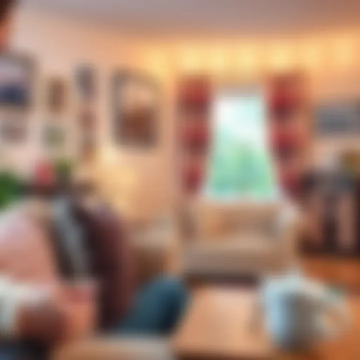 A person working on a laptop in a cozy UK living room, with family photos on the wall and a cup of tea beside them.