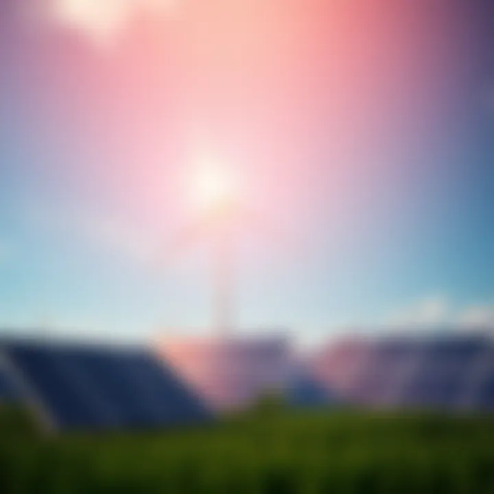 A wind turbine and solar panels in a green field, representing innovative energy solutions for sustainability.