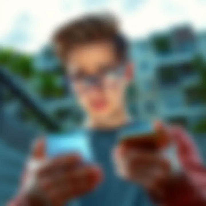 A frustrated person looking at their phone with a notification about rent boost issues. The background shows a residential building.