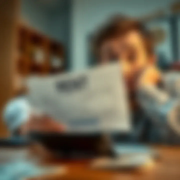 A person looking surprised at a rent notice showing a decrease in amount, with a calculator and bills on the table