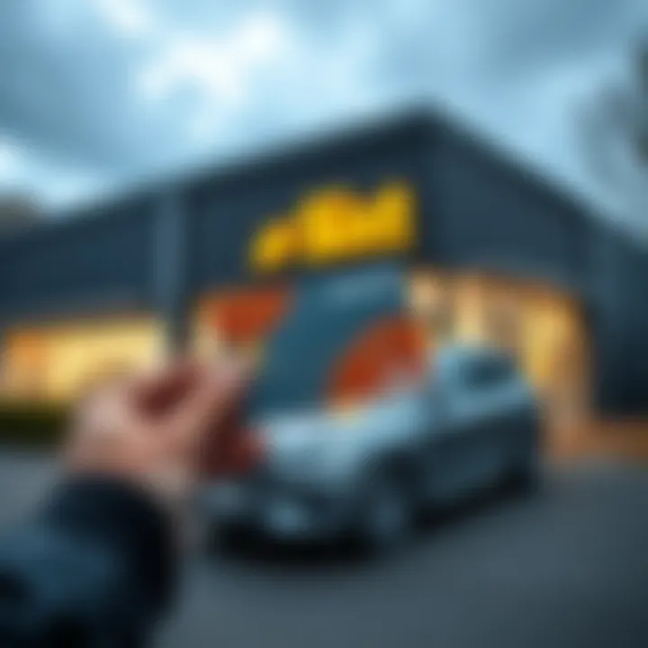 A person holding a physical Revolut card while standing in front of a Sixt rental car location in Germany.