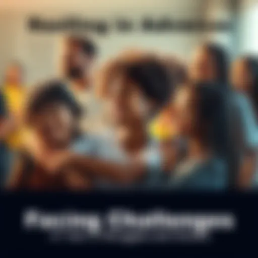 A group of diverse people supporting each other while facing challenges together.