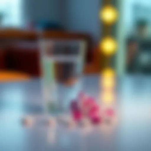 A small pile of Reta pills beside a glass of water on a table, symbolizing alternate dosing strategies.