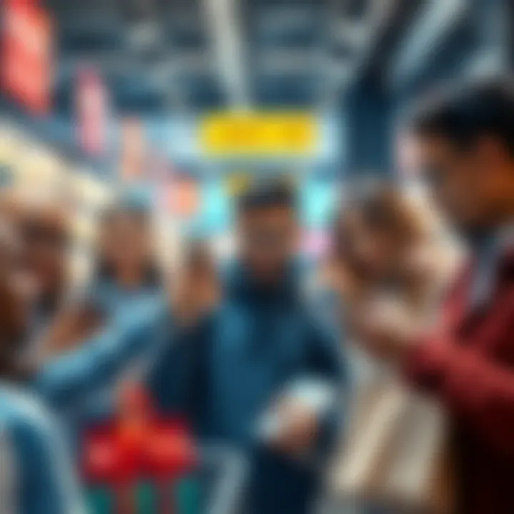 A diverse group of people engaging with technology to trade products safely, set against a modern retail background.