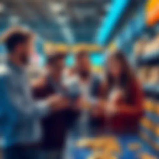 A group of retail investors excitedly discussing and examining cheap coins on a digital platform, reflecting potential market changes due to Saylor's moves.
