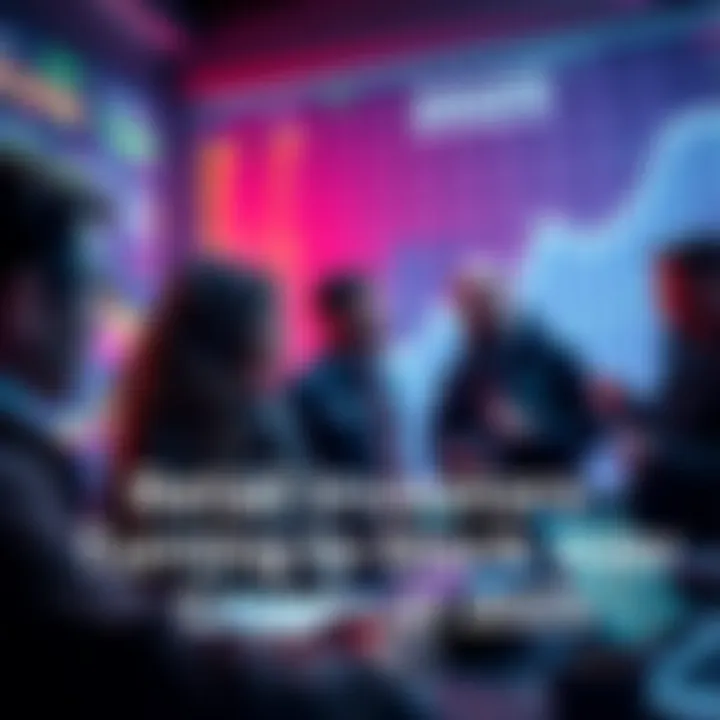 A group of retail investors discussing stock options with a graph showing an upward trend in the background.