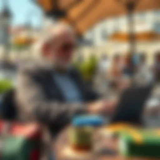 A retired British man sitting at an outdoor café with a laptop, looking thoughtful while managing his finances with Revolut, with travel-related items around him.