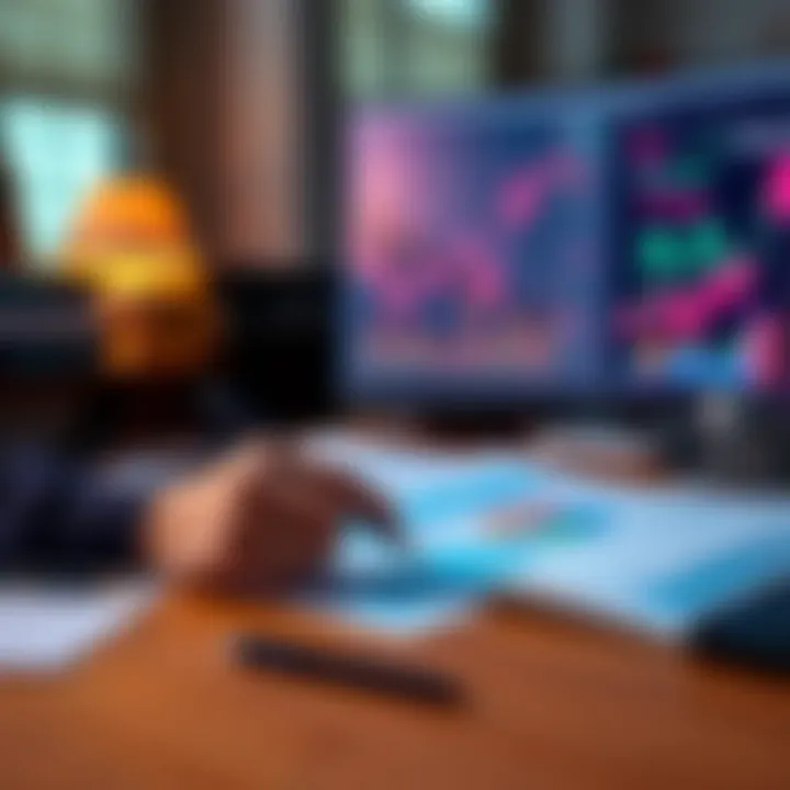 A person analyzing investment options for retirement accounts with financial charts and documents on a desk.
