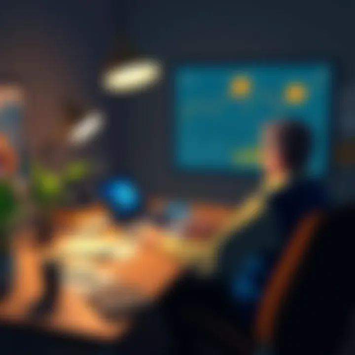 A person sitting at a desk with a laptop, analyzing Bitcoin charts and financial plans, surrounded by notes and a plant, symbolizing a journey towards early retirement.