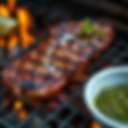 Juicy reverse seared picanha resting on a grill, seasoned with flaky salt and served with a side of chimichurri sauce