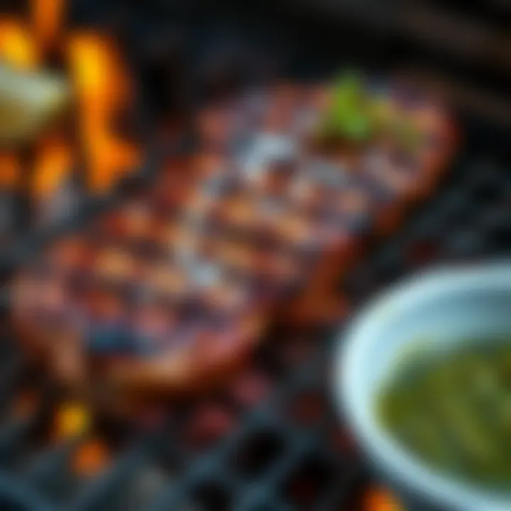 Juicy reverse seared picanha resting on a grill, seasoned with flaky salt and served with a side of chimichurri sauce