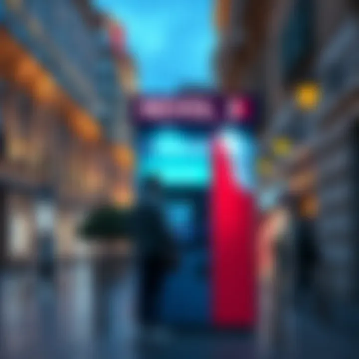 A person using a Revolut ATM in Barcelona to obtain a new card, surrounded by modern city architecture.