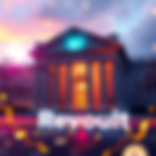 Graphic showing Revolut's application to become a bank in the US, featuring a bank building and financial symbols