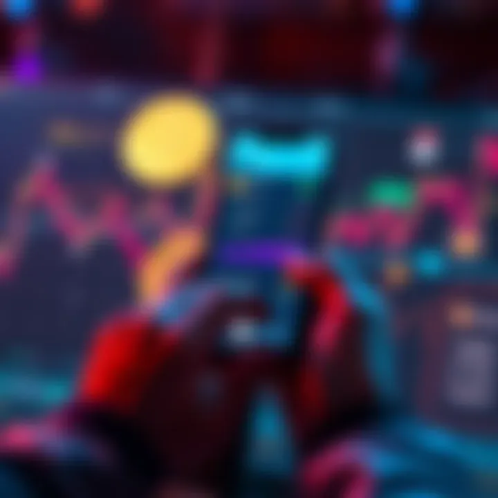 A person using a smartphone to check cryptocurrency prices on the Revolut app with digital coins in the background.