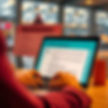 A person filling out an online application form on a laptop with a warning sign about criminal convictions in the background.