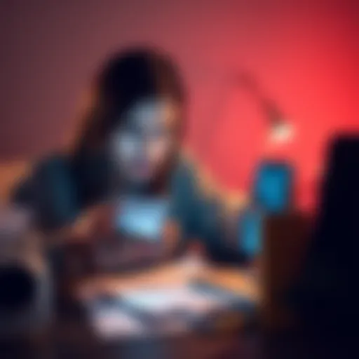 A frustrated person looking at their phone showing a Revolut app message about account closure, with papers and a laptop nearby.