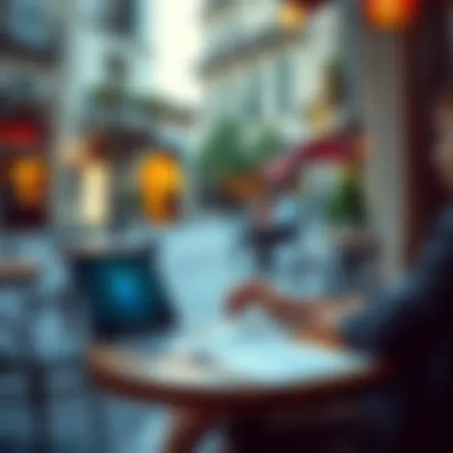 A young person sitting at a café in Italy, using a laptop to open a Revolut account with documents on the table, symbolizing a pending Permesso di Soggiorno.