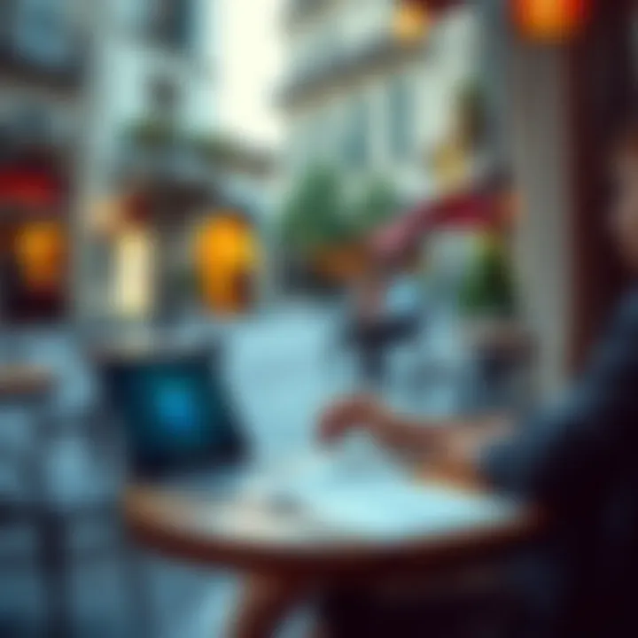 Revolut Account Setup in Italy A young person sitting at a cafรฉ in Italy, using a laptop to open a Revolut account with documents on the table, symbolizing a pending Permesso di Soggiorno.