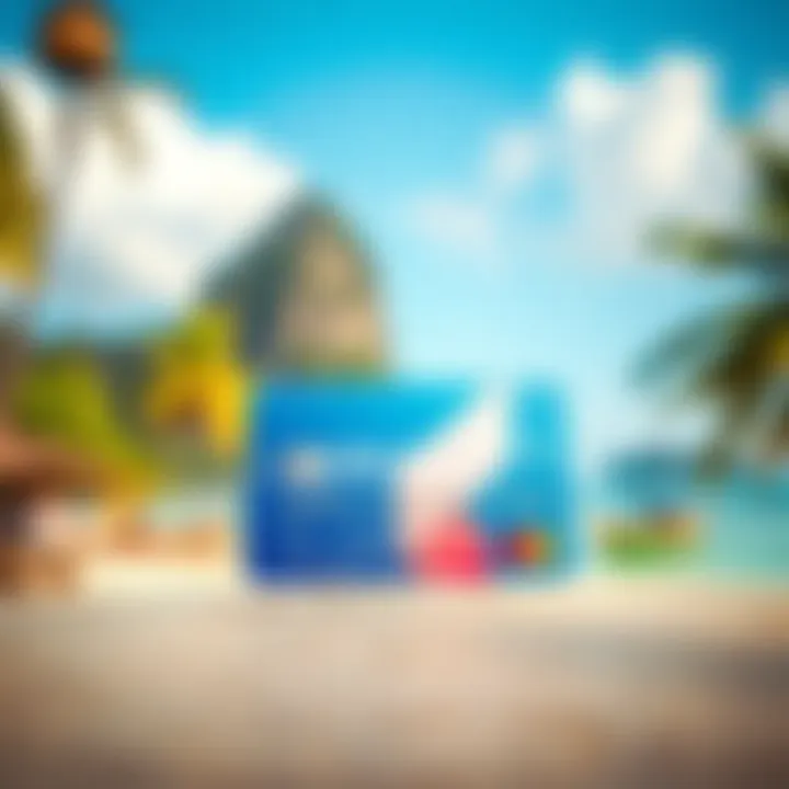 A close-up of a Revolut card set against a scenic background of Thailand with palm trees and a beach.