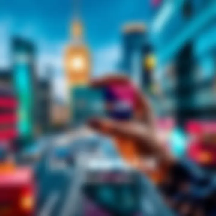 A person holding a Revolut debit card with a UK city background, depicting financial transactions