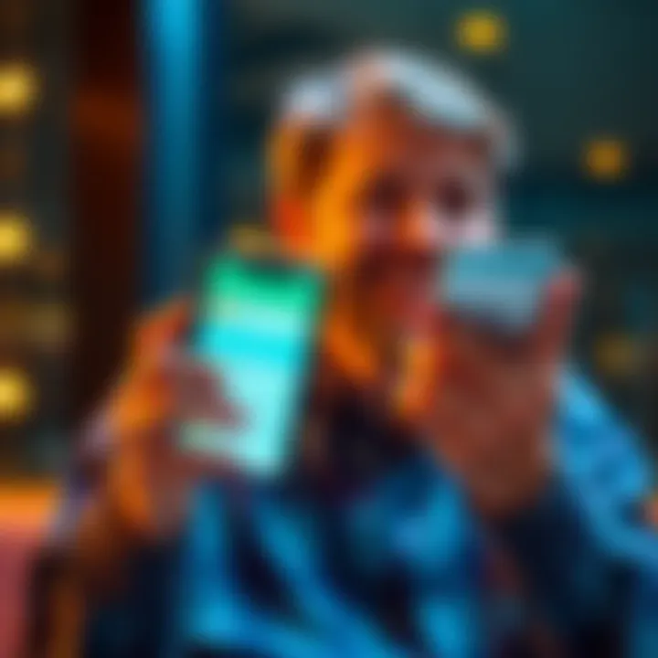 A person happily checking their smartphone with Revolut app showing investments and crypto options on the screen.