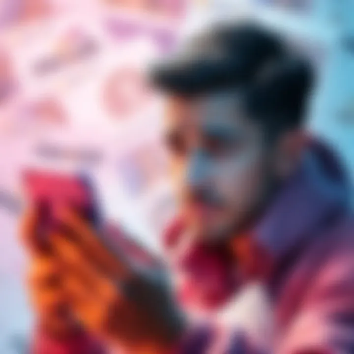 A concerned person looking at their smartphone with a confused expression, surrounded by Revolut promotional materials.