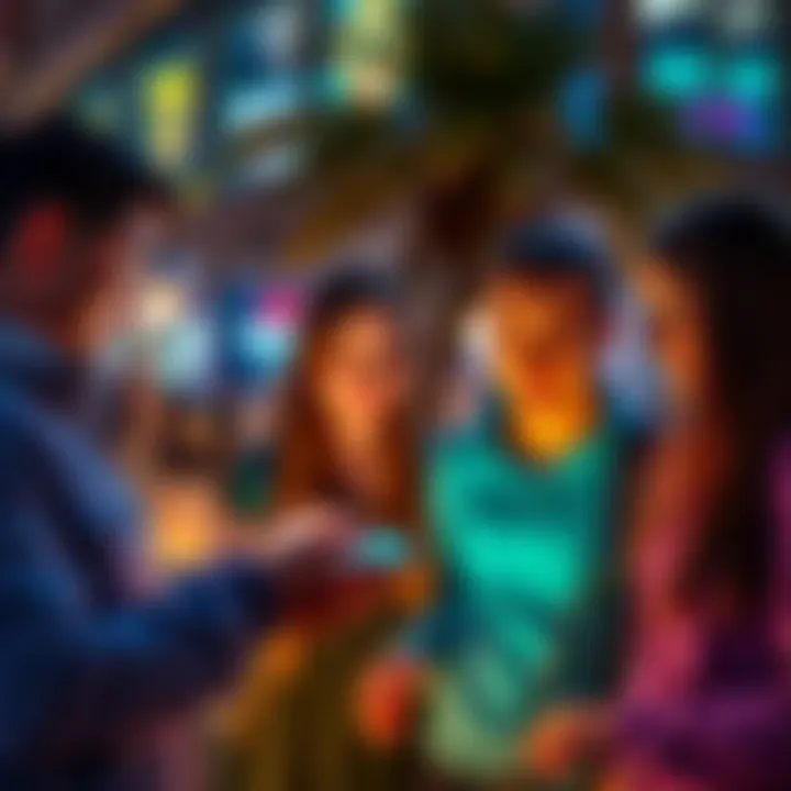 A group of friends discussing money management while using a smartphone app for Revolut shared accounts during their trip abroad.