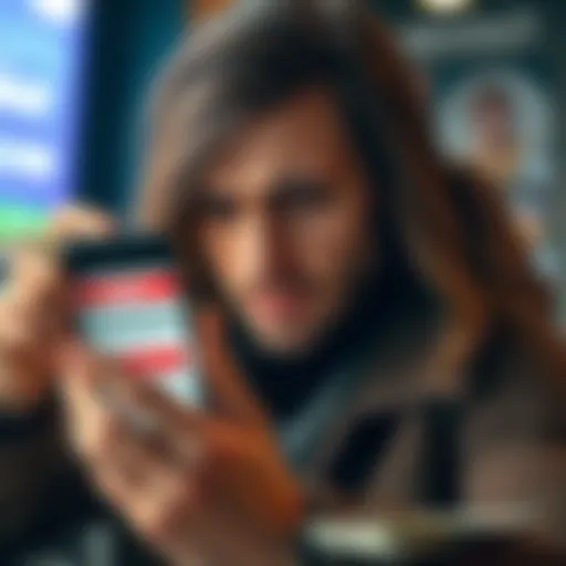 A frustrated customer looking at a smartphone displaying a Revolut app with a missing funds alert, while holding cash in hand.