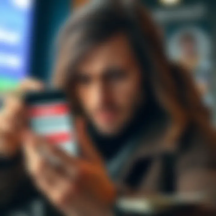 A frustrated customer looking at a smartphone displaying a Revolut app with a missing funds alert, while holding cash in hand.