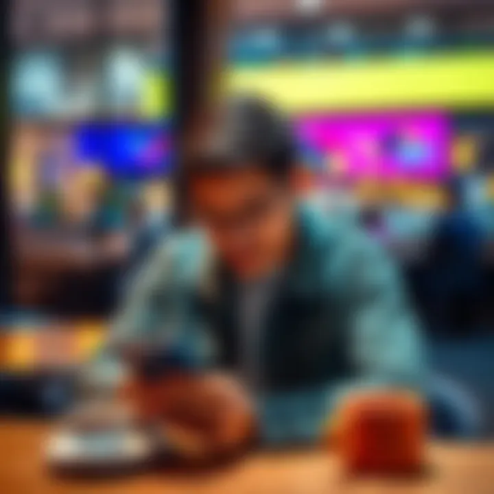 A person checking their Revolut app on a smartphone in a cafe setting, showing a positive engagement with banking