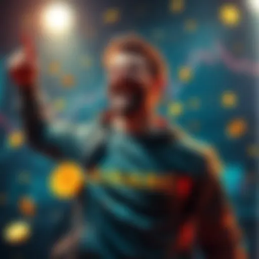 A person celebrating their achievement as the richest on Binance, surrounded by cryptocurrency symbols and charts, showing success in the market.