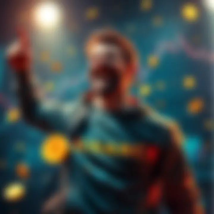 A person celebrating their achievement as the richest on Binance, surrounded by cryptocurrency symbols and charts, showing success in the market.