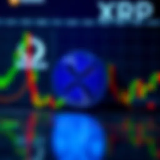 A digital representation of Ripple XRP with a fluctuating value graph and hints of BlackRock's logo in the background.