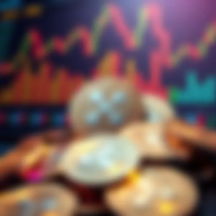 A collection of Ripple XRP coins with a background showing market graphs and financial charts.