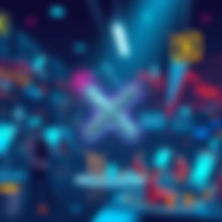 Illustration of Ripple logo with digital finance elements and developers collaborating in a tech environment