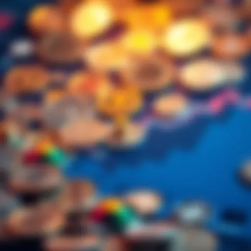 A chart showing the upward trend of cryptocurrency prices with coins in the background.