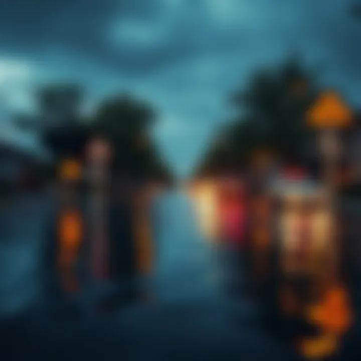 Roads Covered in Water A street submerged in water with visible traffic signs and surrounding trees