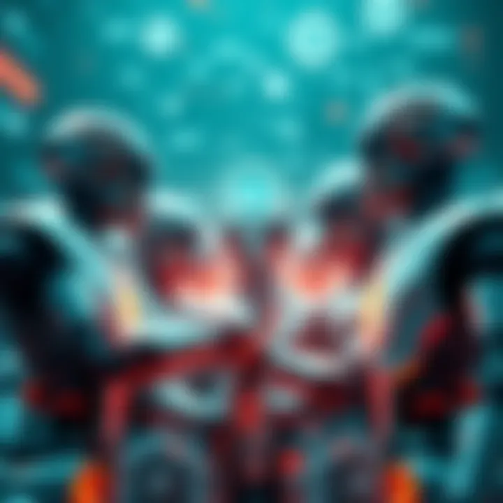 A group of robots interacting with a digital interface showing blockchain elements, symbolizing collaboration and intelligence sharing.