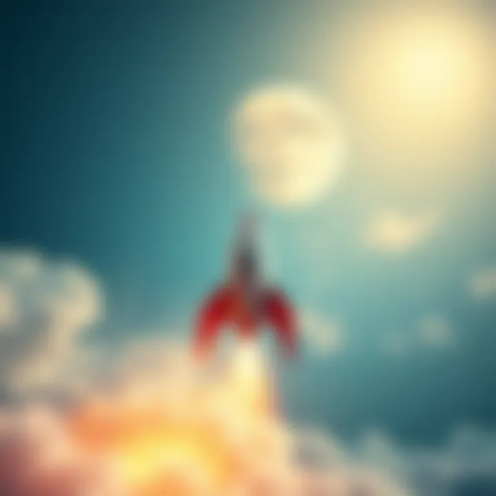A rocket soaring through the sky, heading towards a full moon, symbolizing the rise of cryptocurrency.