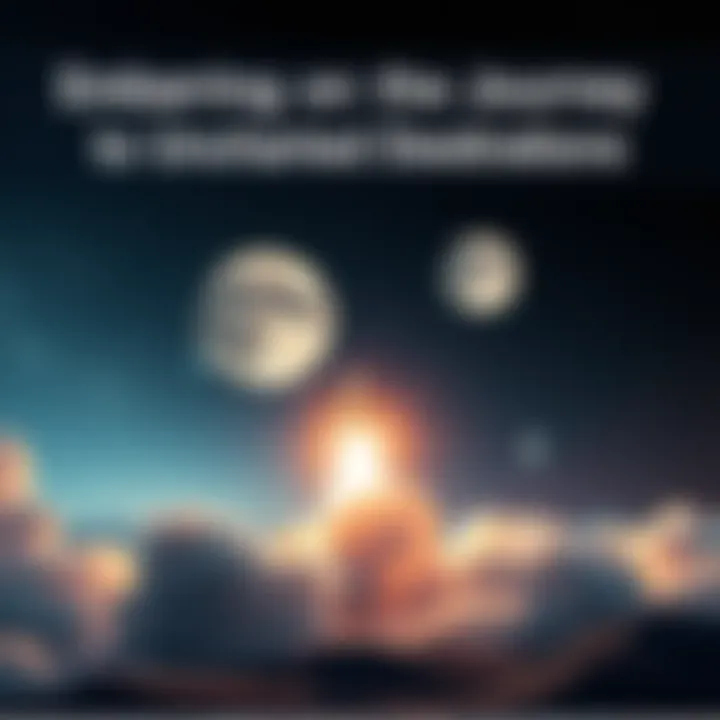 A rocket takes off, aiming for the moon, symbolizing humanity's journey into space.