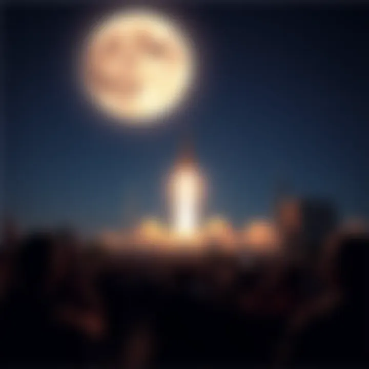 A rocket soaring into the sky towards the Moon with cheering crowds below